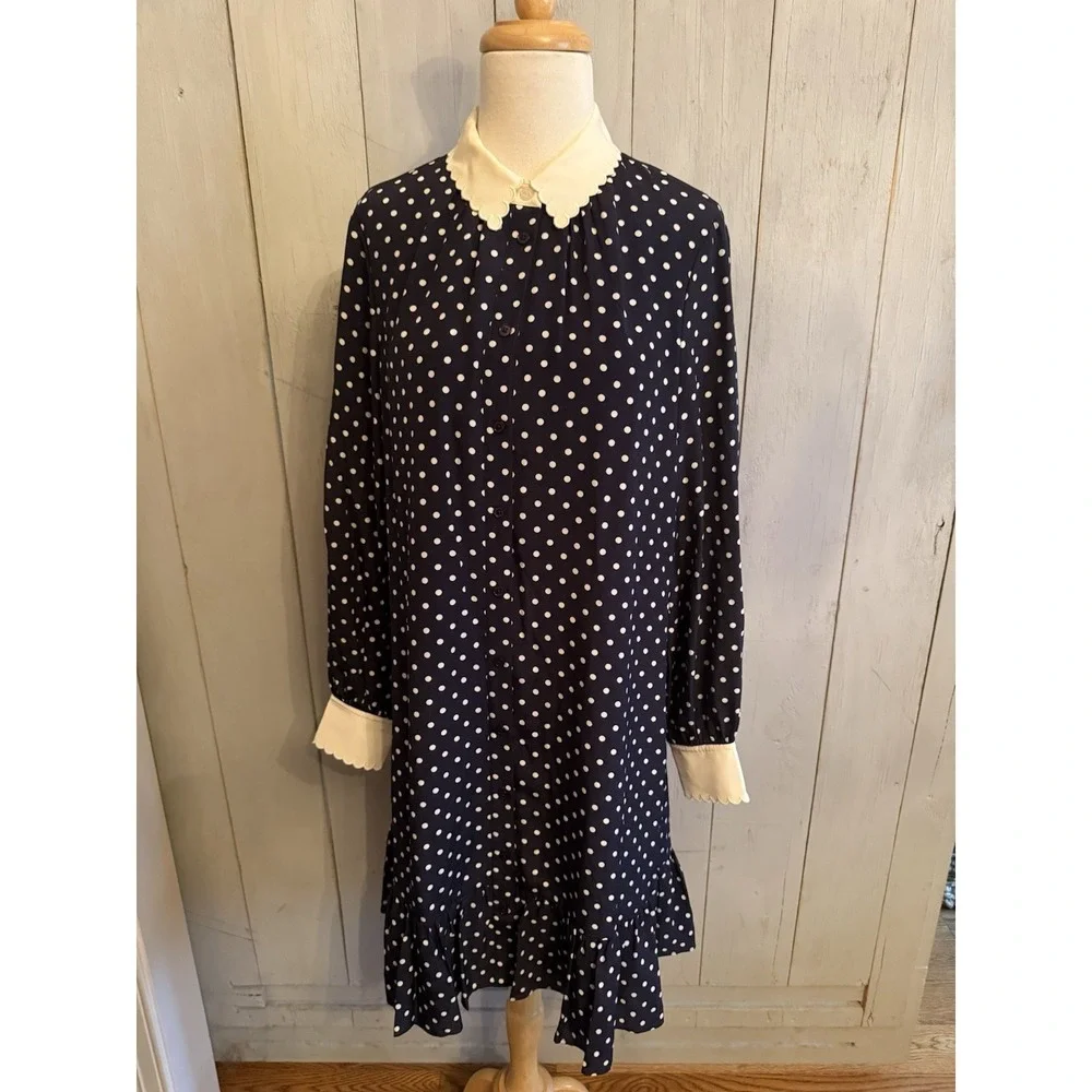 Tory Burch Cora Silk Dress 6 Button Up Preppy Classic Navy Polka Dot‎ New $498